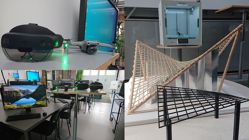 Collage med Hololens, drönare, 3D-skrivare och skärmar i DiSa-labbet