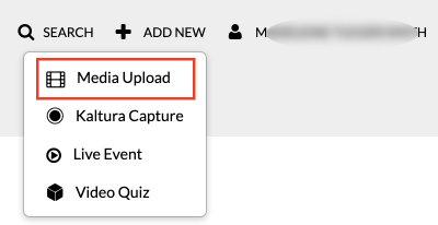 KTH Play:s "Add new"-rullgardinsmeny, där "Media Upload" markerats. 
