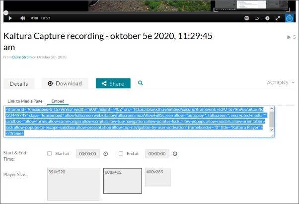 Share-fliken i KTH Playmed inbäddningskoden markerad. Player-inställningar under det.