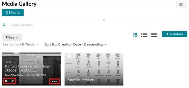 Media Gallery. Knapparna för radera, redigera och fler inställningar för en video markerad.