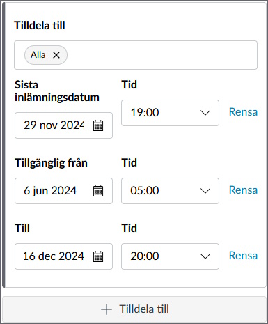 Tilldelning- och datummeny för en uppgift.