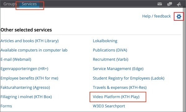 Fliken Tjänster i Personliga Menyn. Video Platform (Kaltura) och kugghjulsknapp markerad.