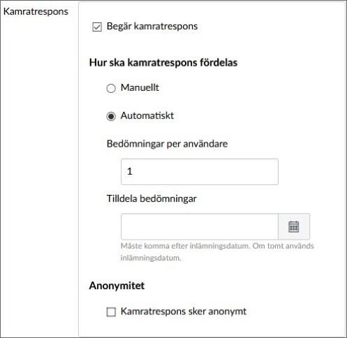 Alla alternativ för kamratrespons. Automatisk fördelning vald, 1 bedömning per användare.