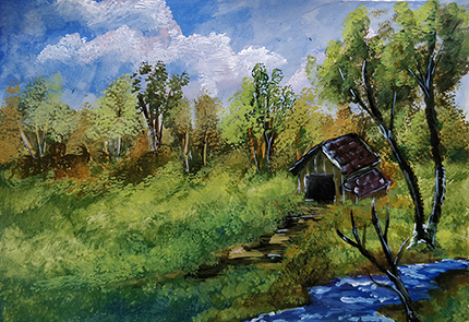 Painting of field with small house and running stream