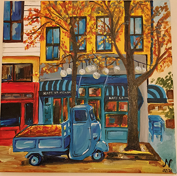 Painting of city street with colorful buildings, trees and a blue utility truck. 
