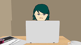 cartoon picture of person working at laptop