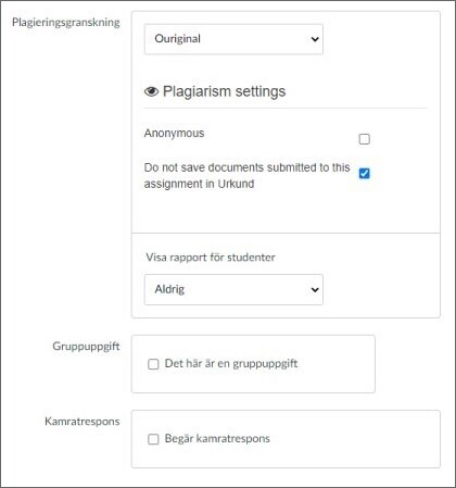 Skärmdump inställningar inlämningsuppgift. Rekommendationerna för textinlämning är inställt.