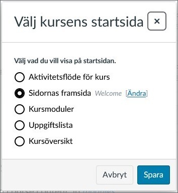 Dialogruta med 5 val för startsidan. "Sidornas framsida", välkomstsidan, är aktiverad.