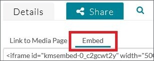KTH Play flikmeny med fliken Share öppnad och underfliken Embed markerad.