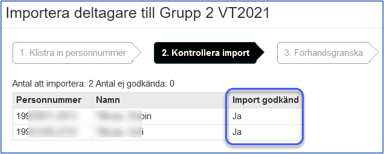 Steg 2, kontrollera - godkänd för import