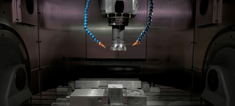 The five-axis machining center equipped with nozzles for MQL