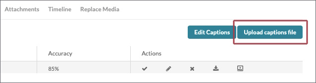 Knappen ”Upload a captions file” till höger om knappen ”Edit Captions".