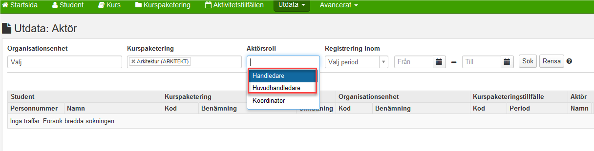 Klicka på fältet Aktörsroll. Välj Handledare samt Huvudhandledare