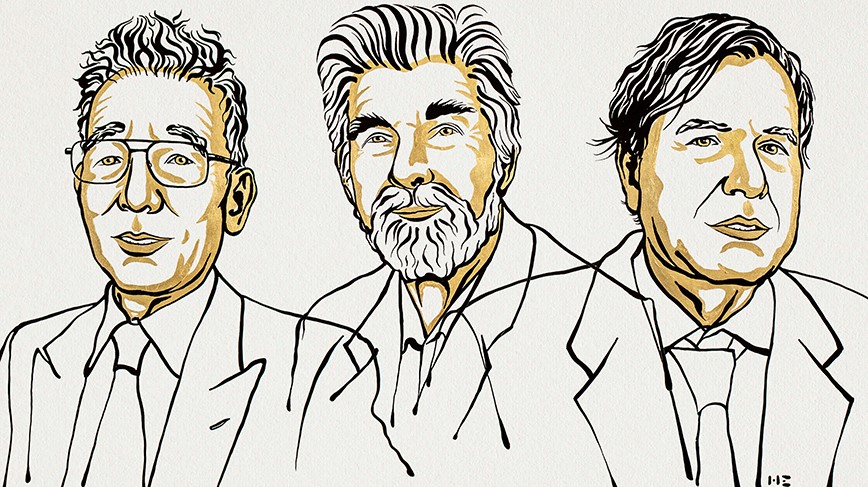 Illustration av de tre nobelpristagarna i fysik: Syukuro Manabe, Klaus Hasselmann och Giorgi Parisi.