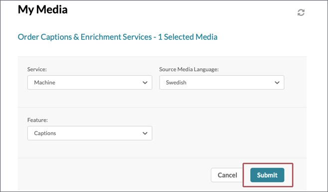 Vyn för funktionen ”Order Captions Enrichment Services". "Submit" är markerat.