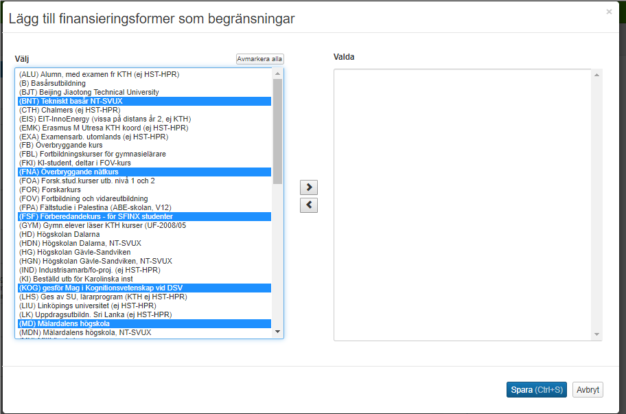 För att kunna välja olika alternativ likt exemplet ovan så kan man hålla in ctrl-knappen + välj