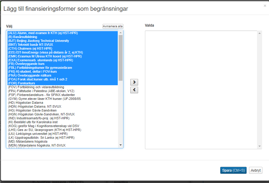 Lägg till finanseringsformer som begränsningar