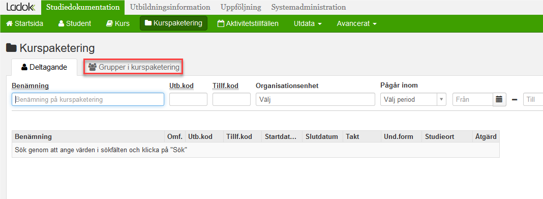 Klicka på Grupper i kurspaketering