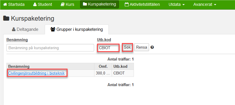 Skriv in CBIOT under Utbildningskod. Sök. Klicka på länken