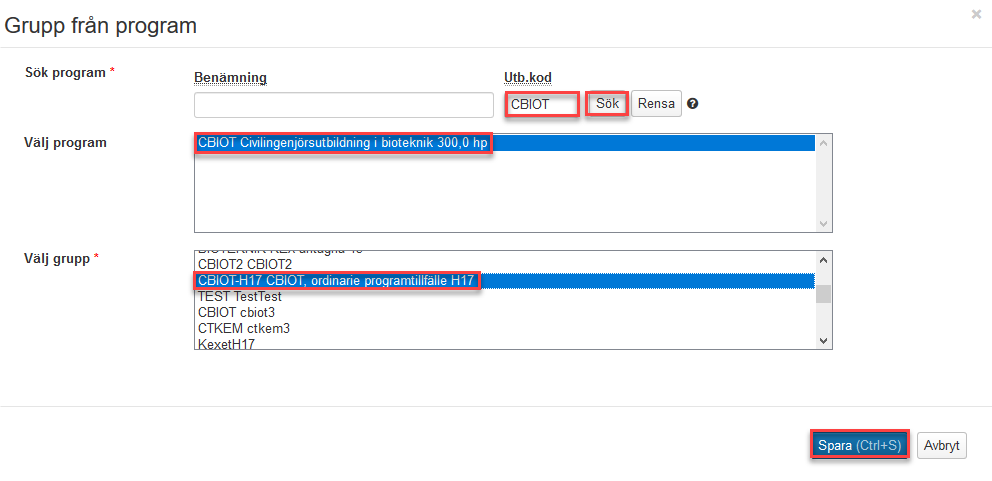 Välj utb.kod, sök, välj program, välj grupp