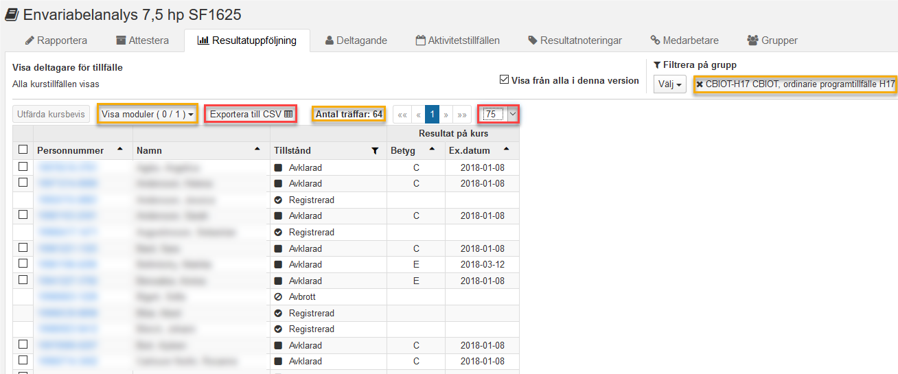 Filtrera på grupp, Visa moduler, exportera, antal träffar