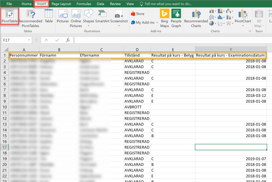 Excel för: Personnummer, förnamn, efternamn, tillstånd, resultat på kurs, betyg, Examinationsdatum