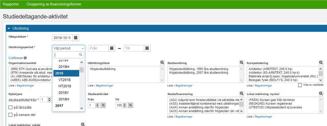 studiedeltagande-aktivitet, välj utsökningsperiod 2018 i fältet