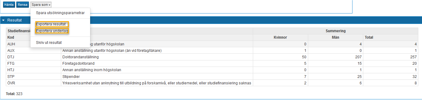 Spara som, klicka på Exportera resultat eller exportera underlag 