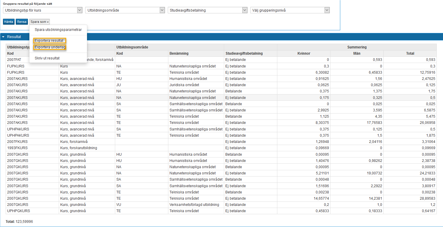 exportera resultatet eller underlag till Excel 