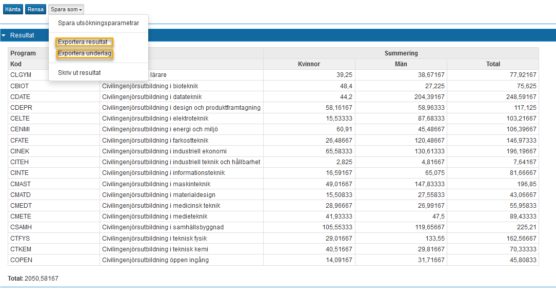 exportera resultatet eller underlag till Excel 