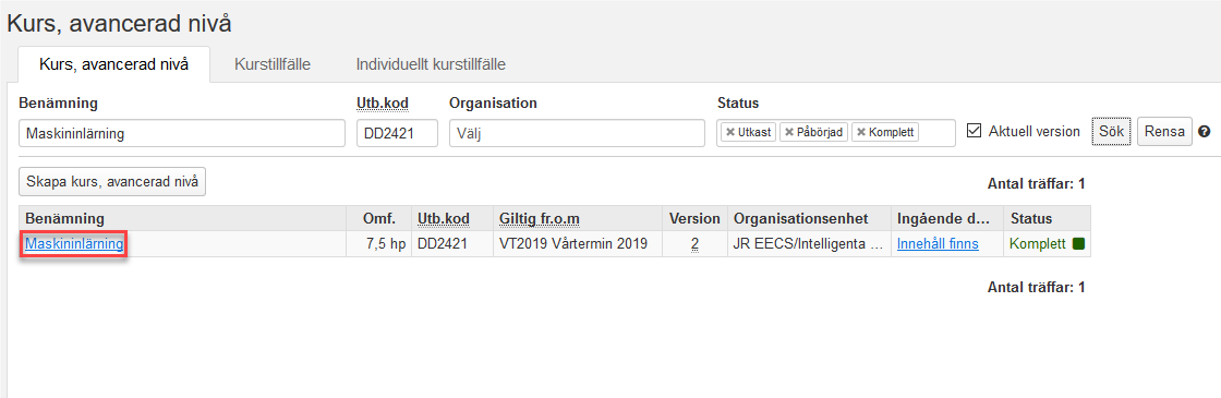 Klicka på Maskininlärning för att få mer information om kursen