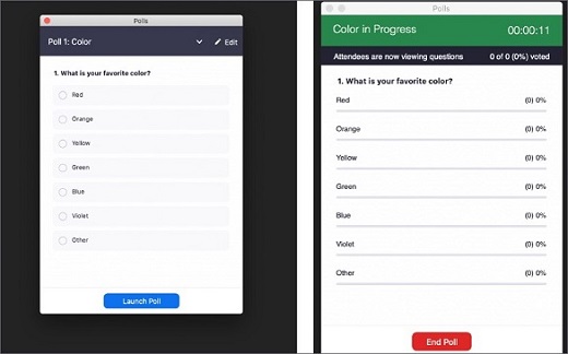 Two views of the same Poll in Zoom, before start and during voting.