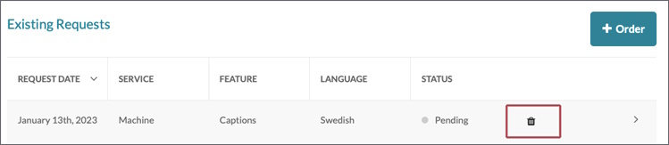 Tabellen "Existing requests" med papperskorgen markerad.