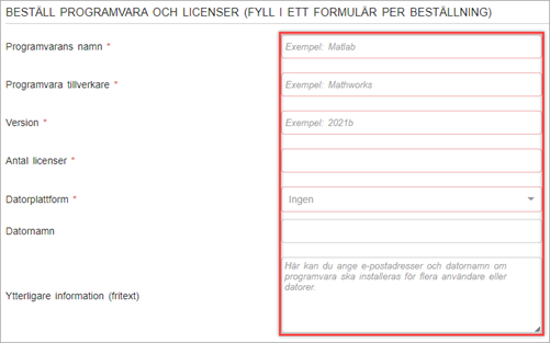 Fyll i fälten för beställning av programvara