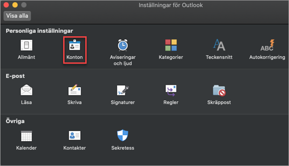 "Konton" knappen i Inställningarna är markerad.