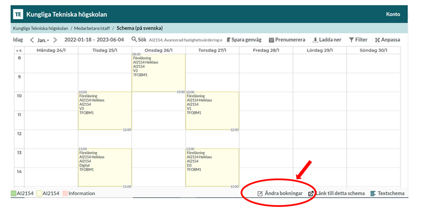 Klicka på Ändra bokningar för att redigera bokningstext