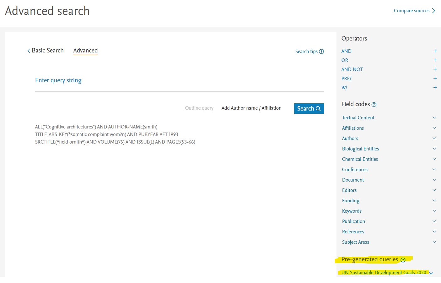 Screenshot of the SDG search queries in Scopus
