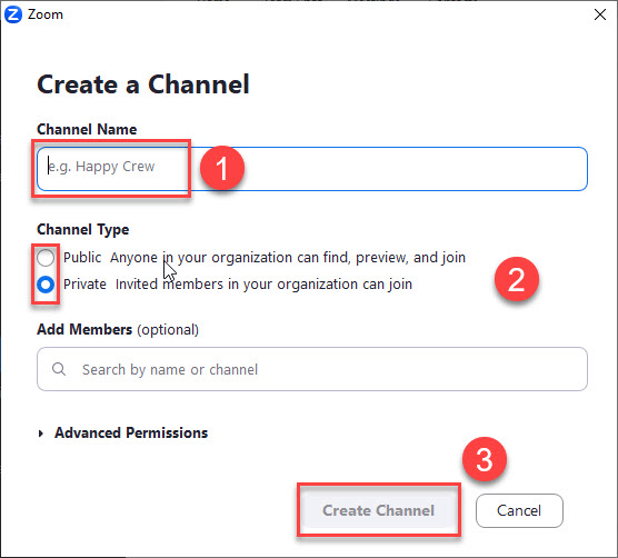 Screenshot: Channel name, private or public options and Create channel button are highlighted.