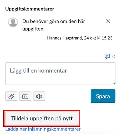 Kommentarsfältet i SpeedGrader med knappen "Tilldela uppgiften på nytt" markerad. 