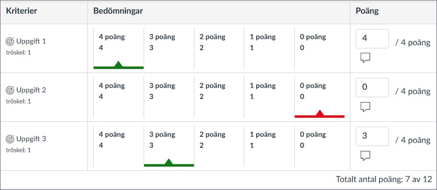 Matris över tre uppgifter och poängen per uppgift. Poängen går mellan 0 och 4.