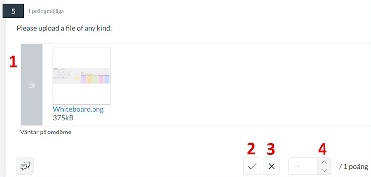 Fråga med filuppladdning som behöver bedömas. Siffror markerar olika delar.