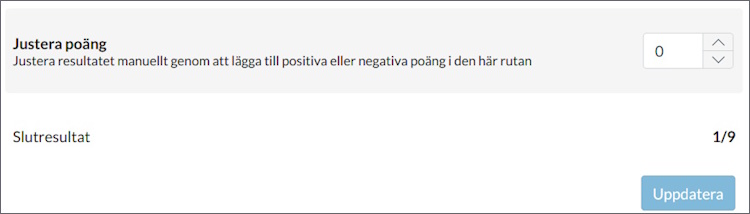 Justeringsruta för ett quiz och totala summan för hela quizet, följt av uppdateringsknappen.