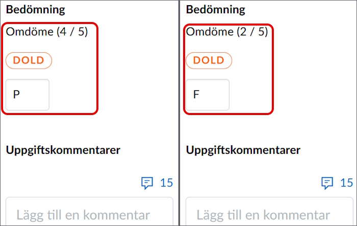 Omdömet i SpeedGrader för två uppgifter, en fyra av fem (P) och den andra två av fem (F).