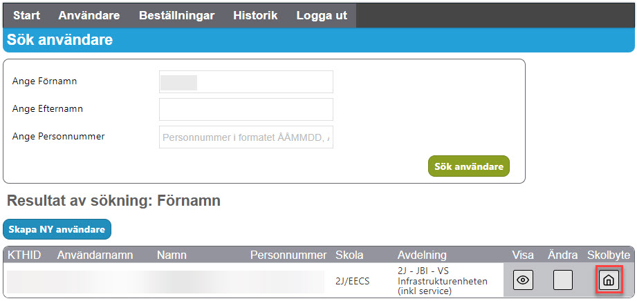 Resultat av sökning med "Skolbyte" knappen markerad