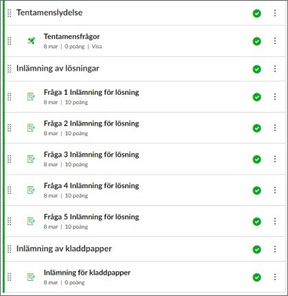 Modul med rubriker som delar upp ett quiz, 5 inlämningsuppgifter för frågor och en för kladdpapper.