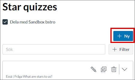 En öppen frågebank med knappen "Ny" markerad. Frågebanken har ett sökfält och inlagda frågor.