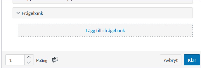 Slutet av en fråga i ett quiz, med alternativet "Frågebank" öppnat så "lägg till i frågebank" syns.