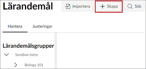 Lärandemålsvyn med knappen "+ Skapa" markerad.