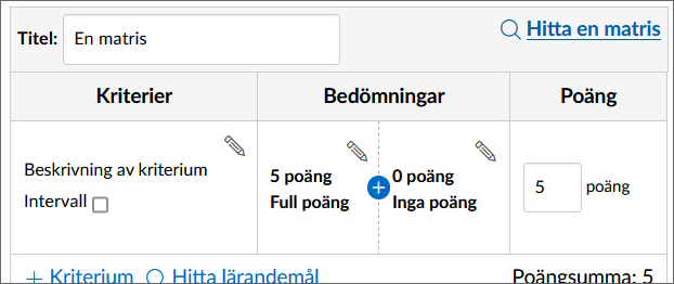 En nyskapad matris med standardnamn och standardkriterie redan inlagt.