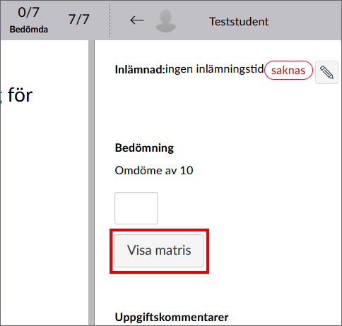 SpeedGraders sidofält med omdömen. Knappen "Visa matris" är markerad.